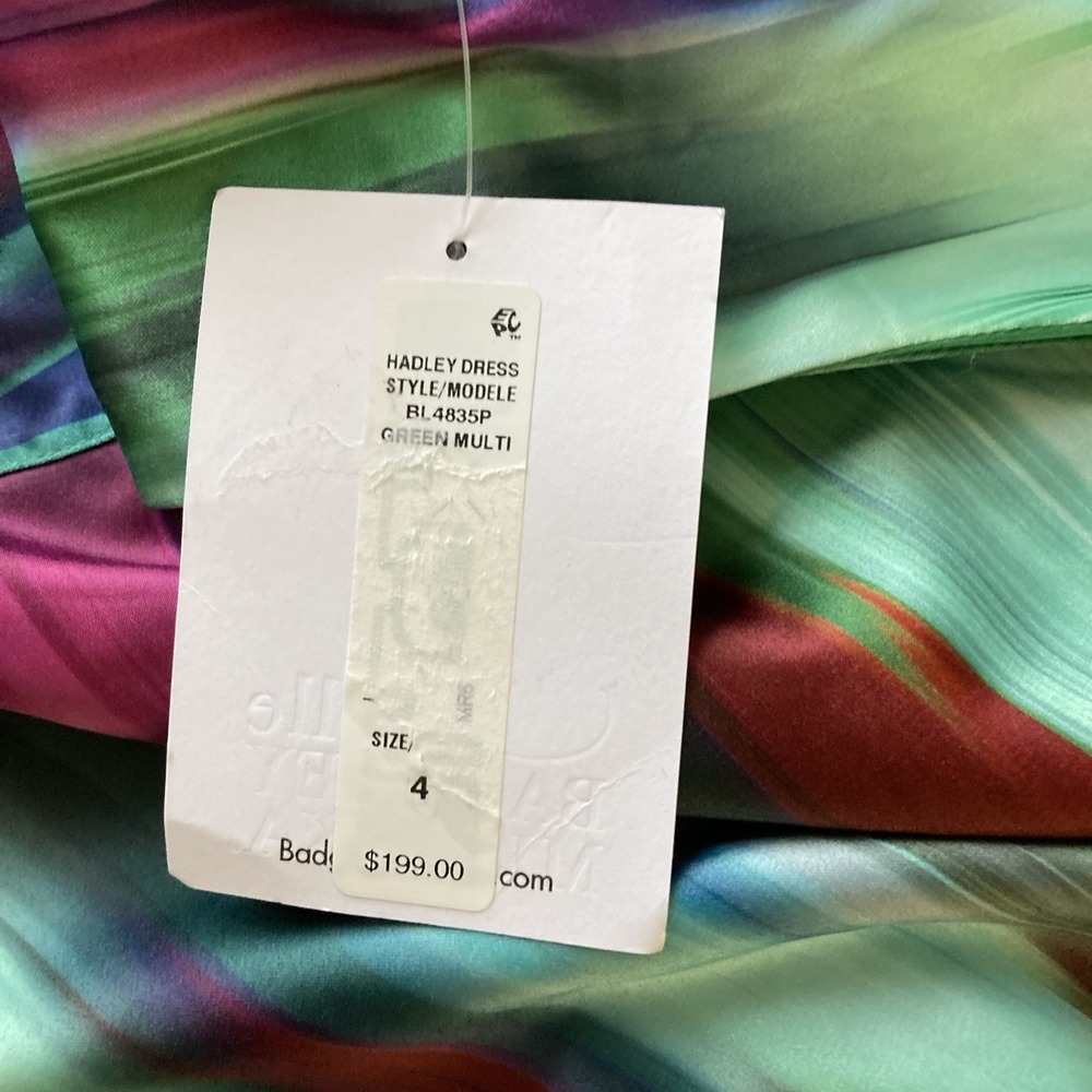 Belle Badgley Mischka Hadley Dress Sz 4 New Green Colorful Satin A Line Read - Picture 7 of 12